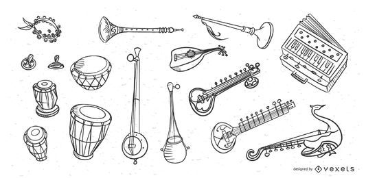 Indien Musikinstrumente Kritzeleien Indien Musikinstrumente Kritzeleien