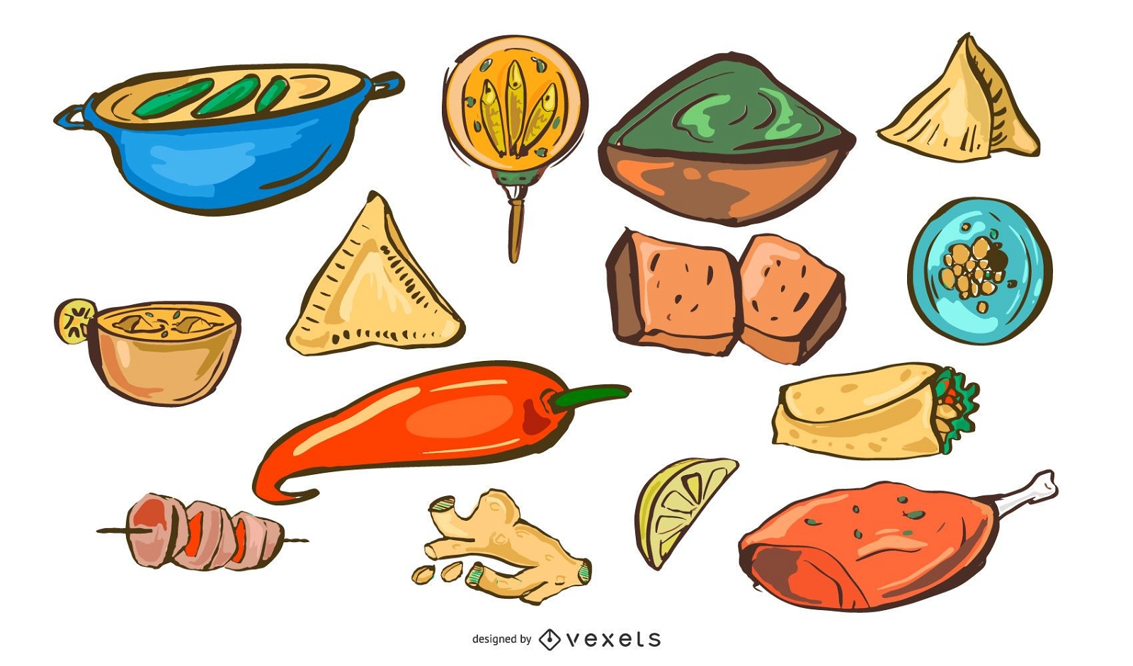 Conjunto de comida india dibujada a mano