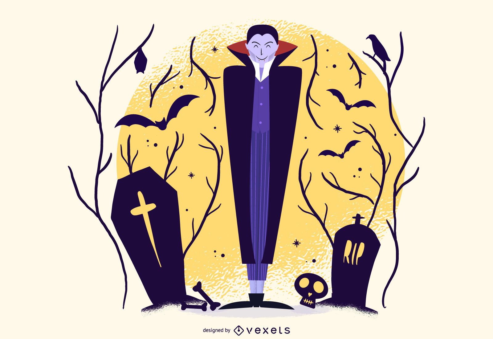 Personagem De Desenho Animado De Vampiro No Fundo Do Cemitério Noturno.  Ilustração De Halloween De Criatura Engraçada. Pacote, Cartaz Ou Design De  Convite De Saudação. Vector Isolado Royalty Free SVG, Cliparts, Vetores