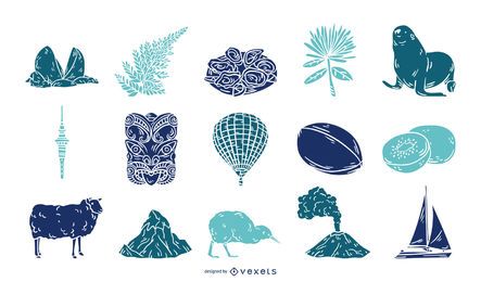 New Zealand Elements Silhouette Vector Set New Zealand Elements Silhouette Vector Set