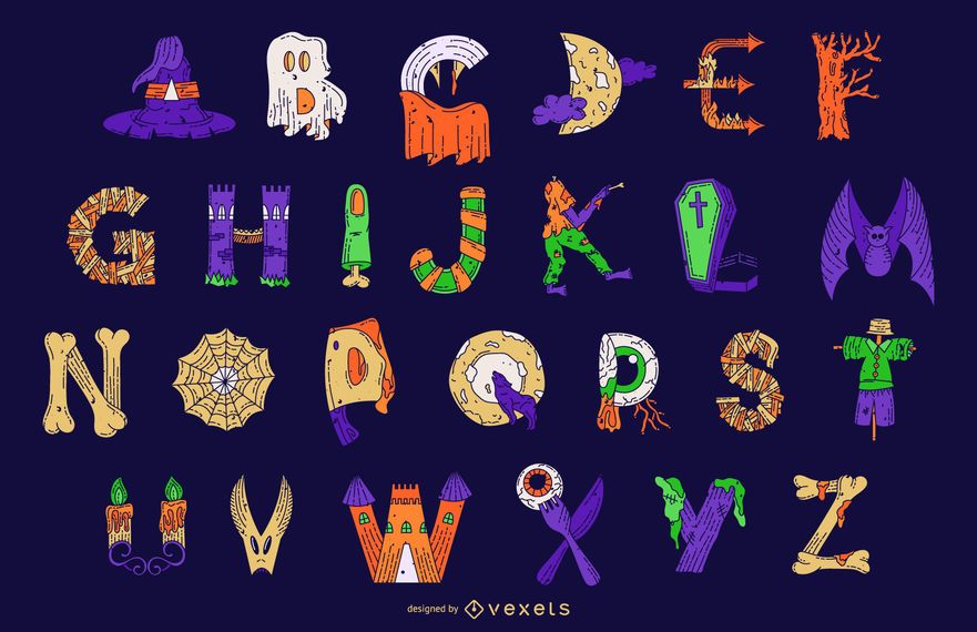 Conjunto de vetores de letra do alfabeto colorido de Halloween Conjunto de vetores de letra do alfabeto colorido de Halloween