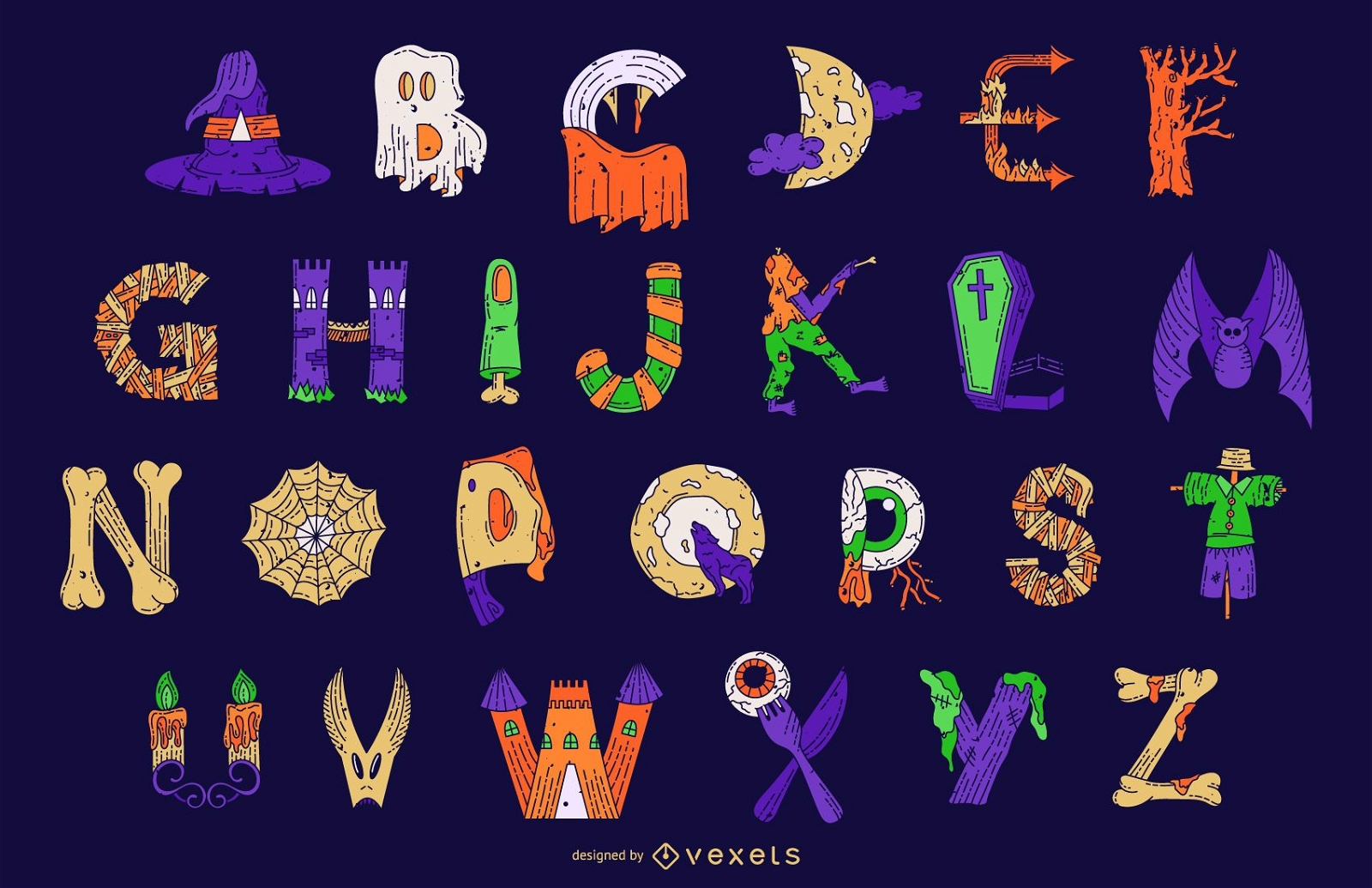 Conjunto de vetores de letras do alfabeto colorido de Halloween