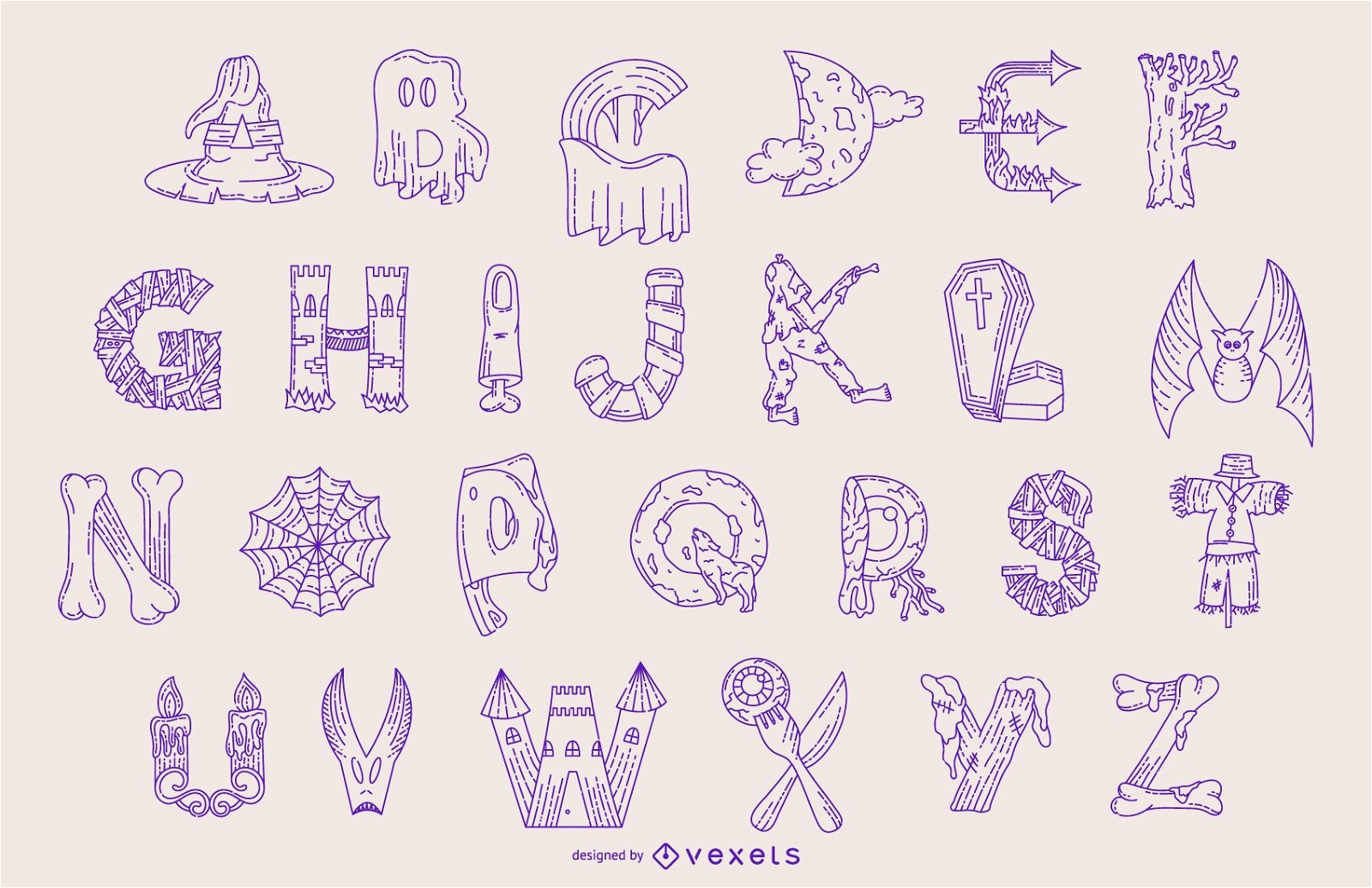 Conjunto de linhas do alfabeto de Halloween