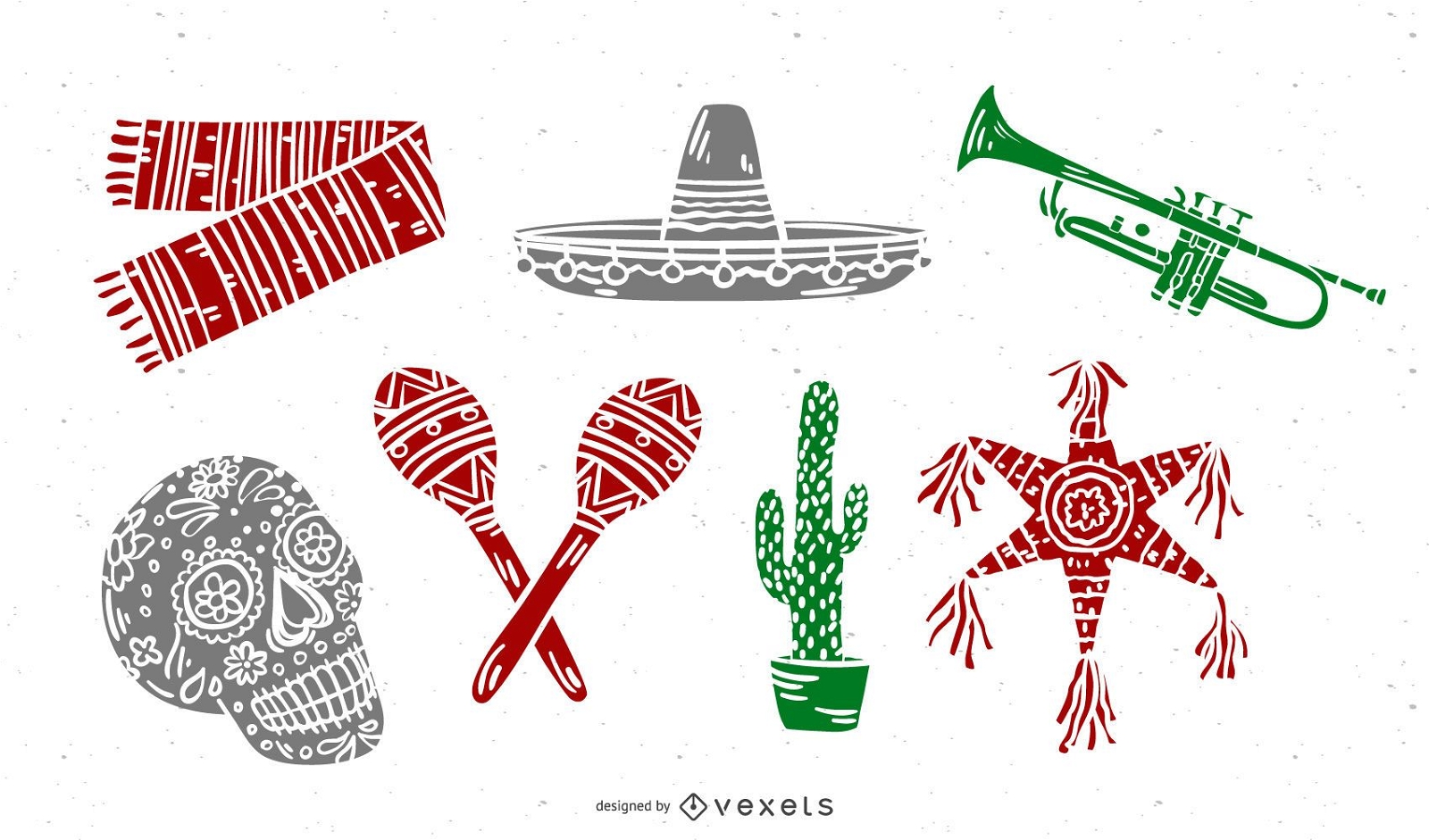 Conjunto de silhuetas de elementos culturais mexicanos