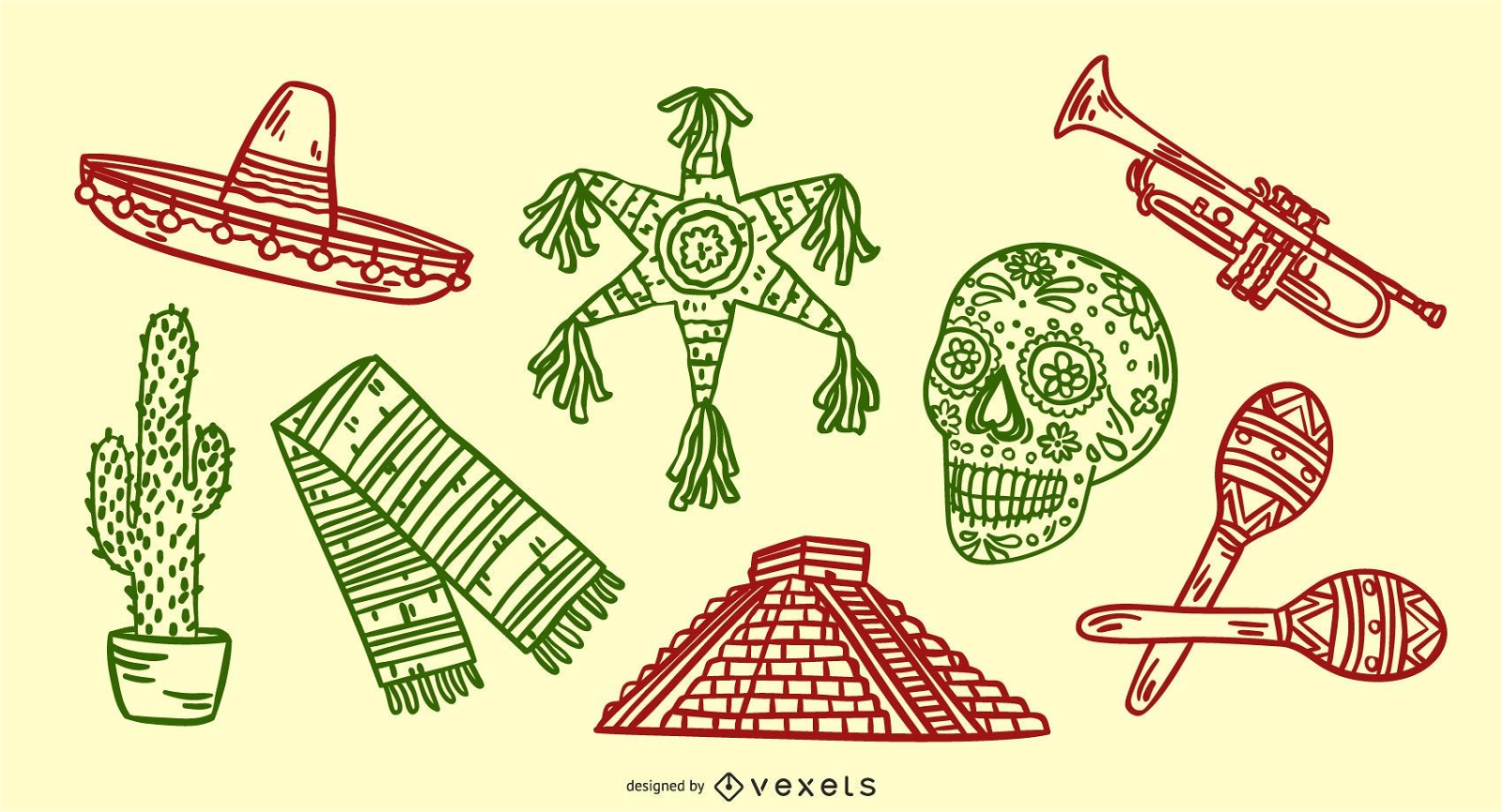 Conjunto de elementos mexicanos desenhados à mão