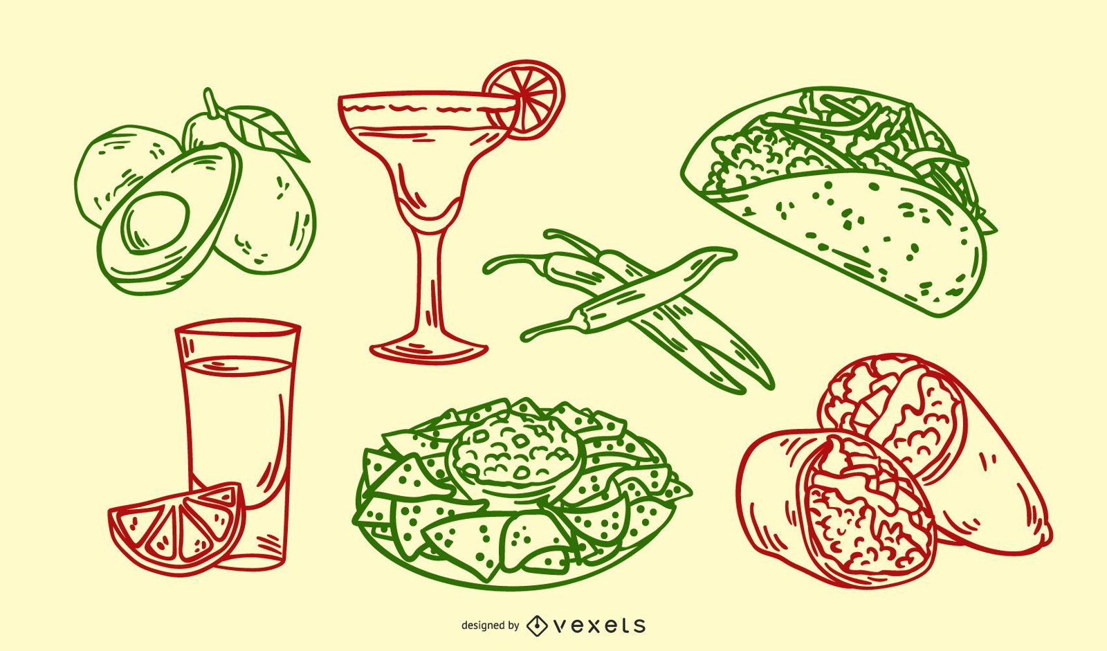 Conjunto de ilustrações desenhadas à mão de comida mexicana