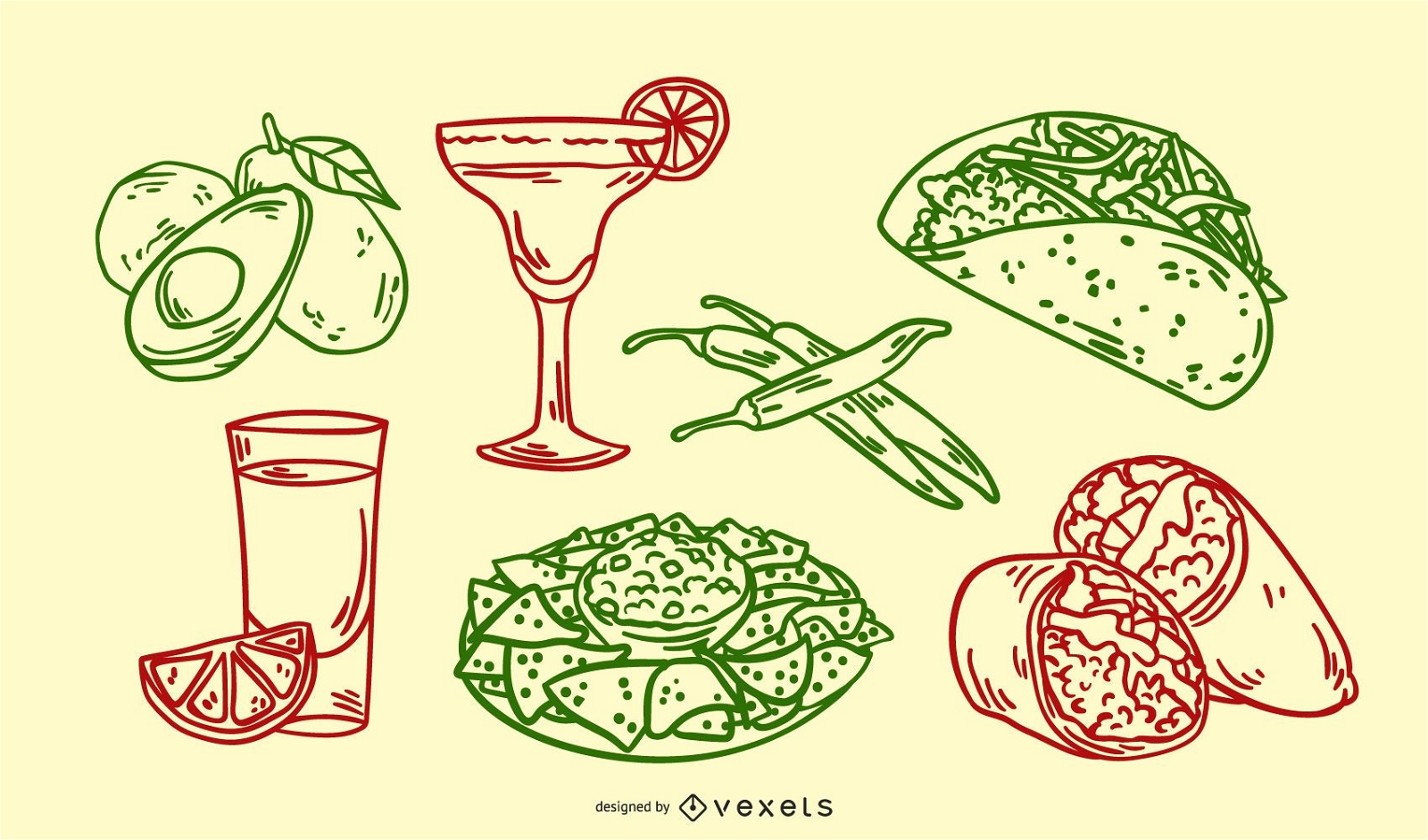 Handgezeichnetes Illustrationsset des mexikanischen Essens
