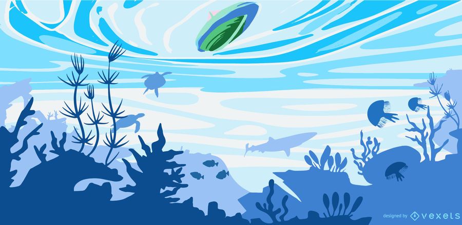 Underwater flat boat illustration Underwater flat boat illustration