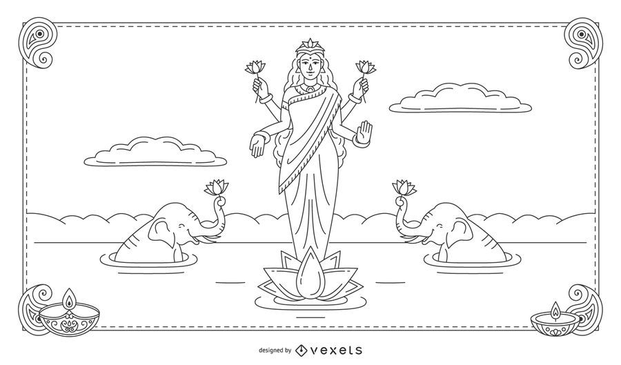 Ilustración de línea Diwali Lakshmi Ilustración de línea Diwali Lakshmi
