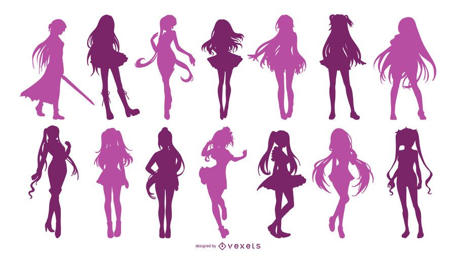 Conjunto de silhueta de menina de anime Conjunto de silhueta de menina de anime