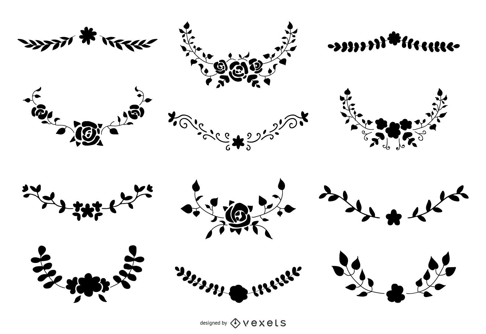 Conjunto de vectores de silueta de ornamento floral