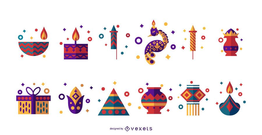 Conjunto de ícones plana de Diwali Conjunto de ícones plana de Diwali
