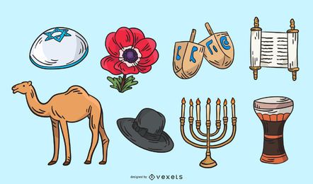 Conjunto de ilustración de elementos tradicionales de Israel Conjunto de ilustración de elementos tradicionales de Israel