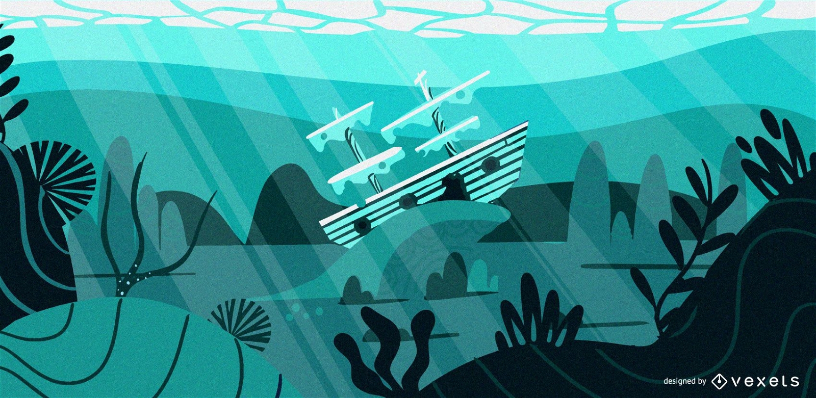 Underwater ship flat illustration