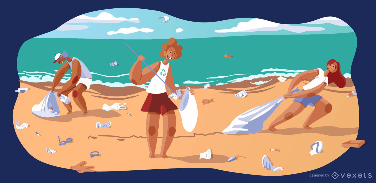 Ilustração em vetor praia reciclando pessoas