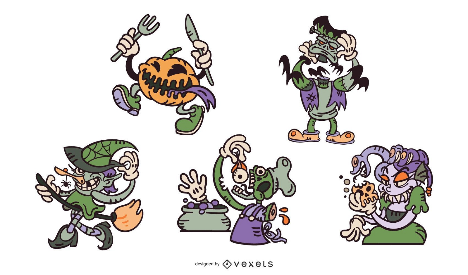 Halloween cartoon monsters set