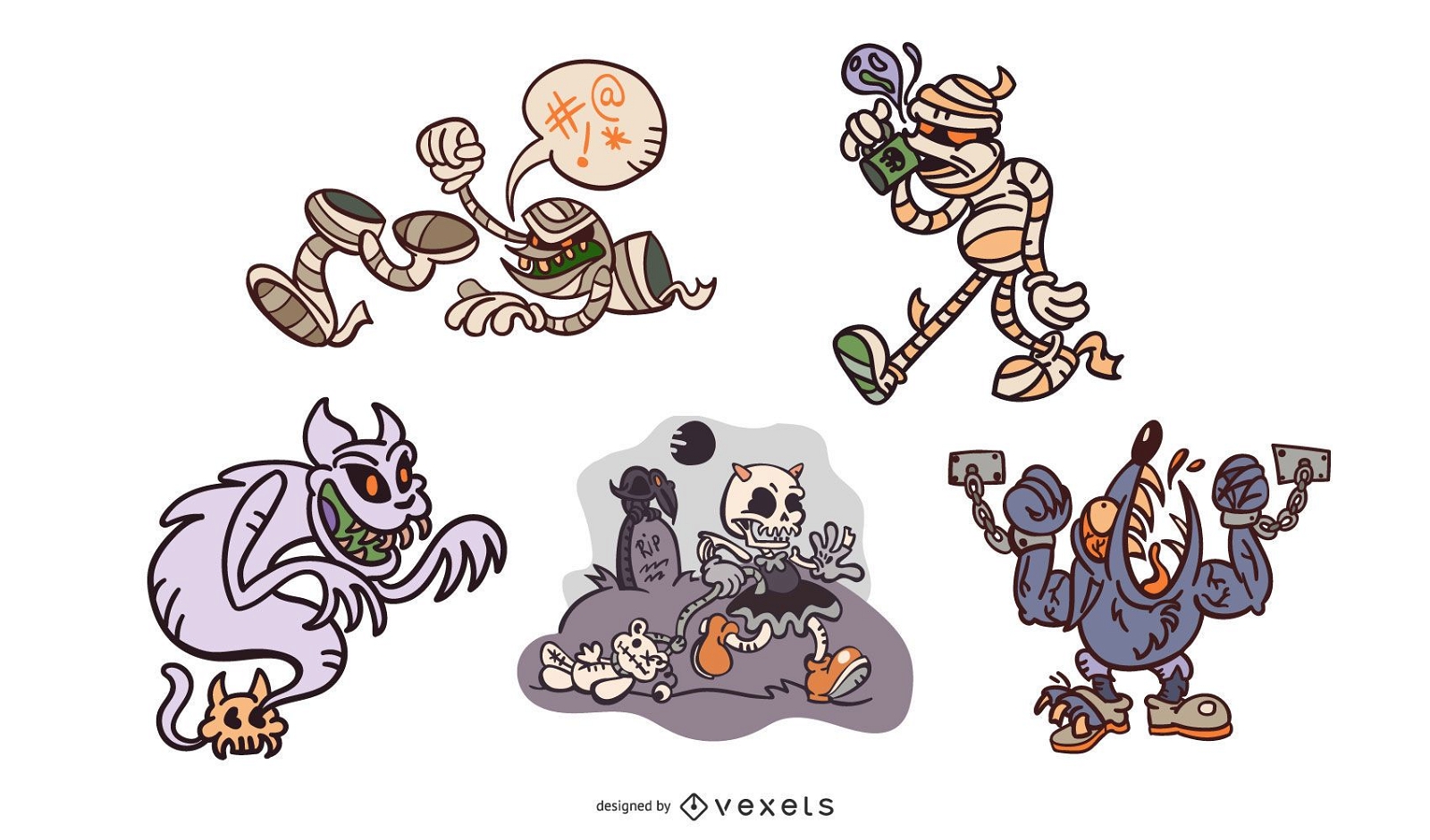 Creepy cartoon halloween monsters set