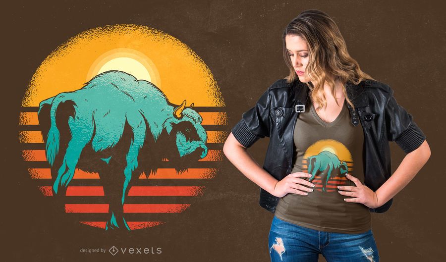 Vintage Sunset Bison T-shirt Design Vintage Sunset Bison T-shirt Design