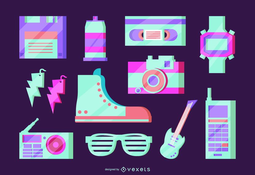 Conjunto de vetores de néon de elementos dos anos 80 Conjunto de vetores de néon de elementos dos anos 80