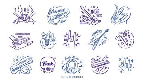 Emblemas de gêneros musicais desenhados à mão