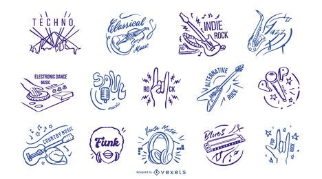 Hand drawn music genres badges Hand drawn music genres badges