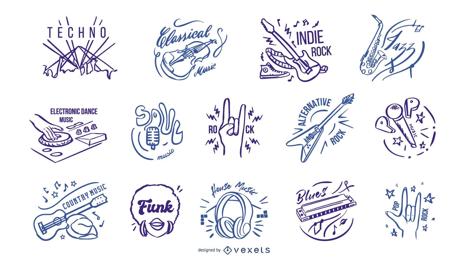 Emblemas de gêneros musicais desenhados à mão