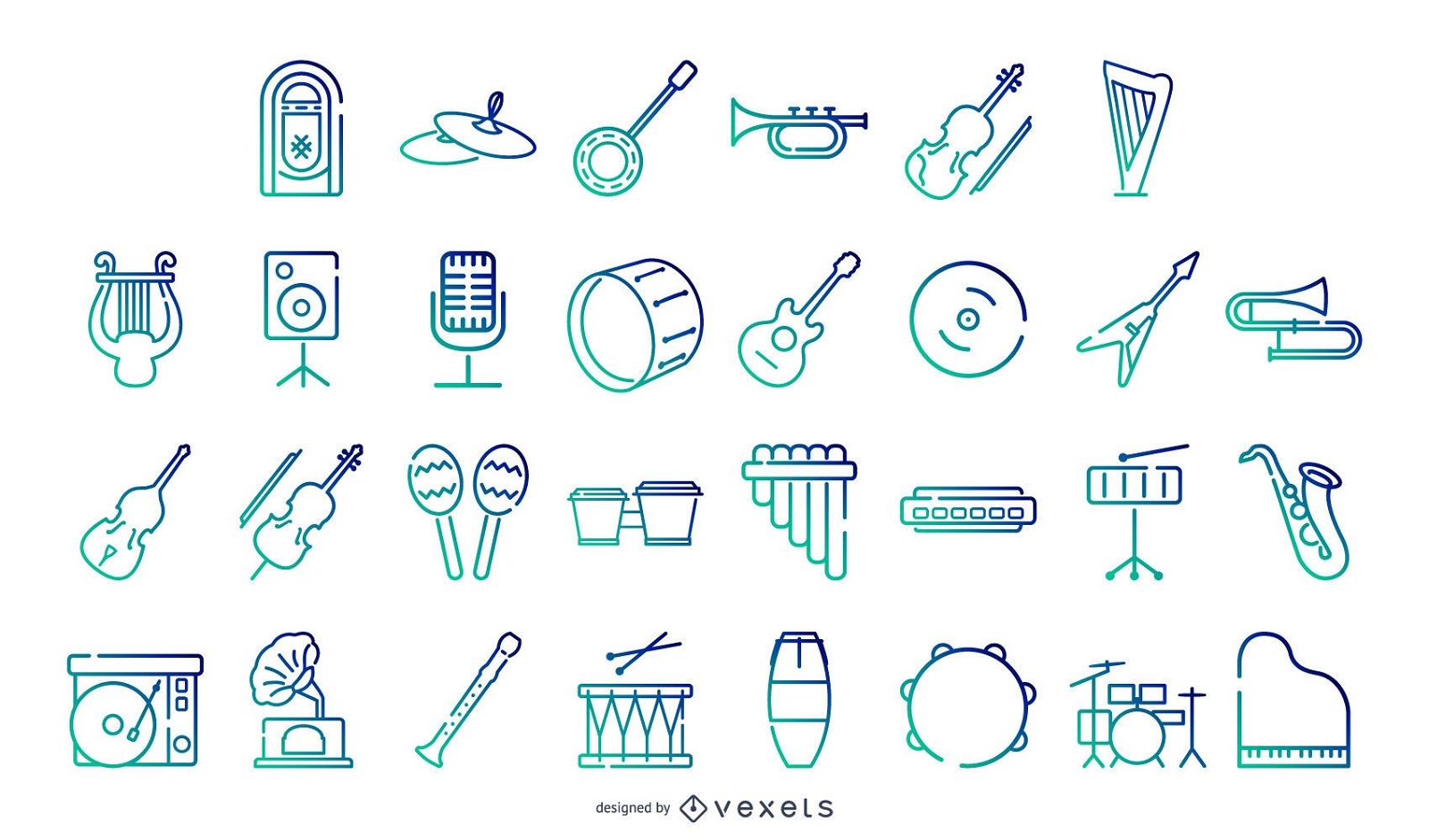 Colección de iconos degradados de instrumentos musicales