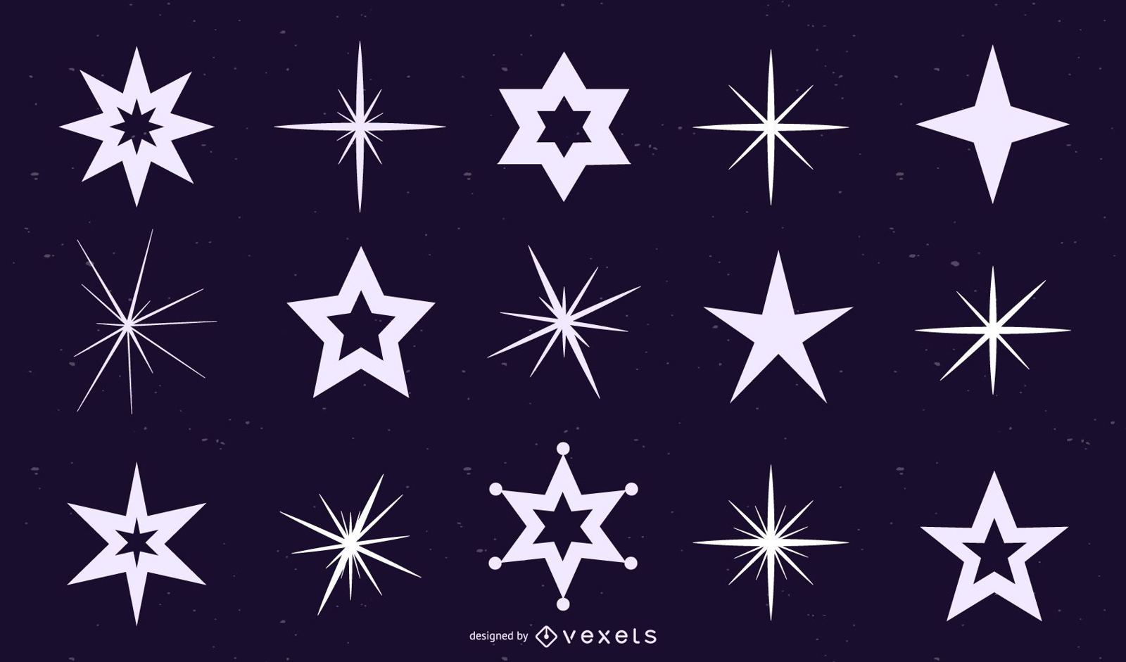 Conjunto de siluetas de estrellas y destellos.