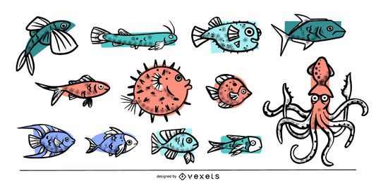 Coleção colorida de animais marinhos