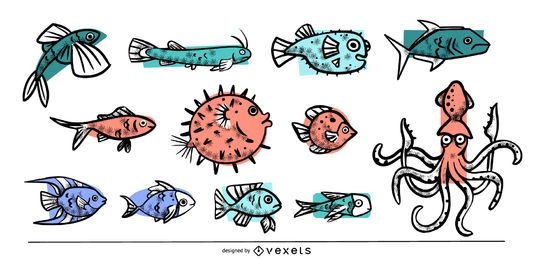 Sea animals colored collection