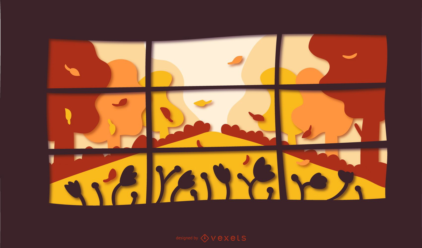 Ilustração de recorte de papel de janela de outono