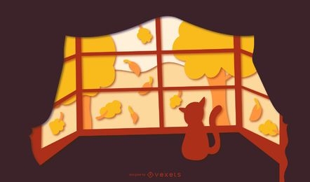 Ilustración de papercut de ventana de otoño