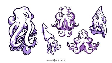 Kraken Cartoon Duotone Illustration Set Kraken Cartoon Duotone Illustration Set