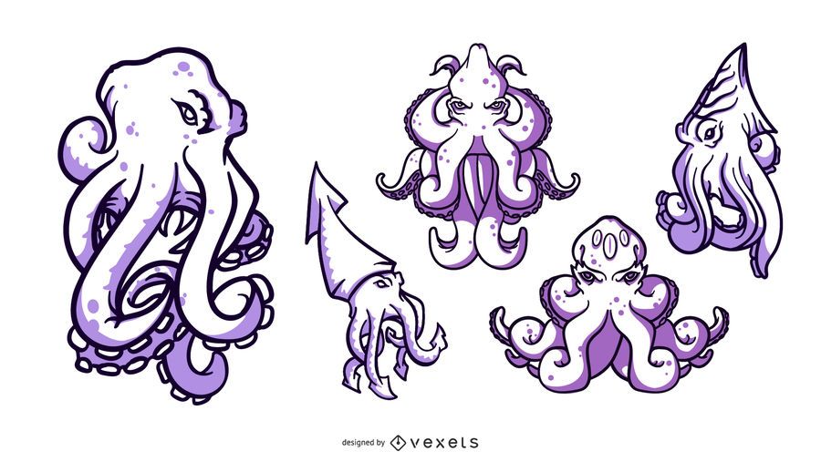 Conjunto de ilustración de duotono de dibujos animados de Kraken Conjunto de ilustración de duotono de dibujos animados de Kraken