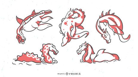 Pacote de ilustrações duotônicas de monstro Nessie Loch Ness