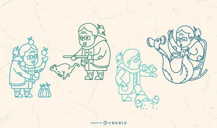 Glückliches Oma-Schlaganfall-Illustrations-Paket