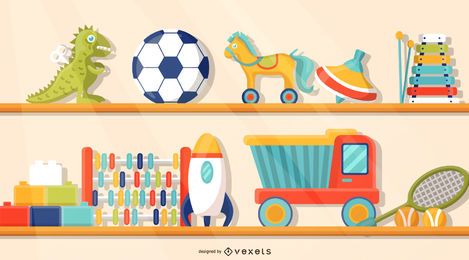 Juguetes en la ilustración de la estantería