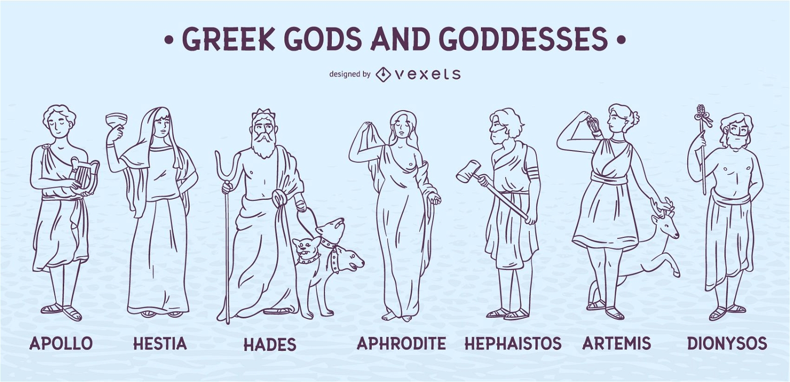 Conjunto de trazos de dioses y diosas griegas.
