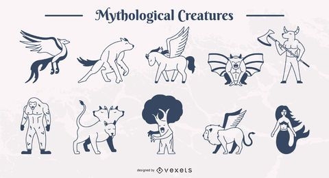 Mythical Creatures Simple Stroke Illustration Set