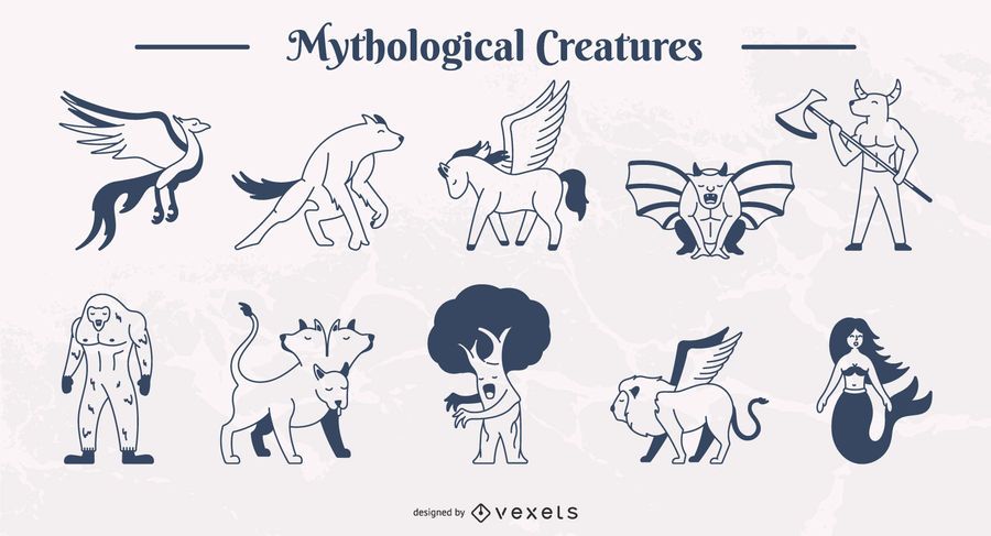 Conjunto de ilustração de curso simples de criaturas míticas Conjunto de ilustração de curso simples de criaturas míticas