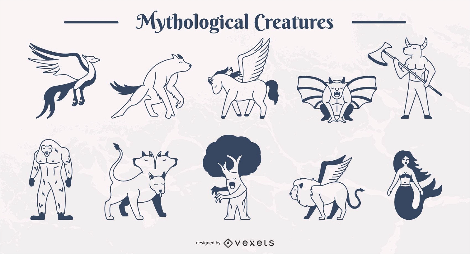 Conjunto de ilustração de curso simples de criaturas míticas