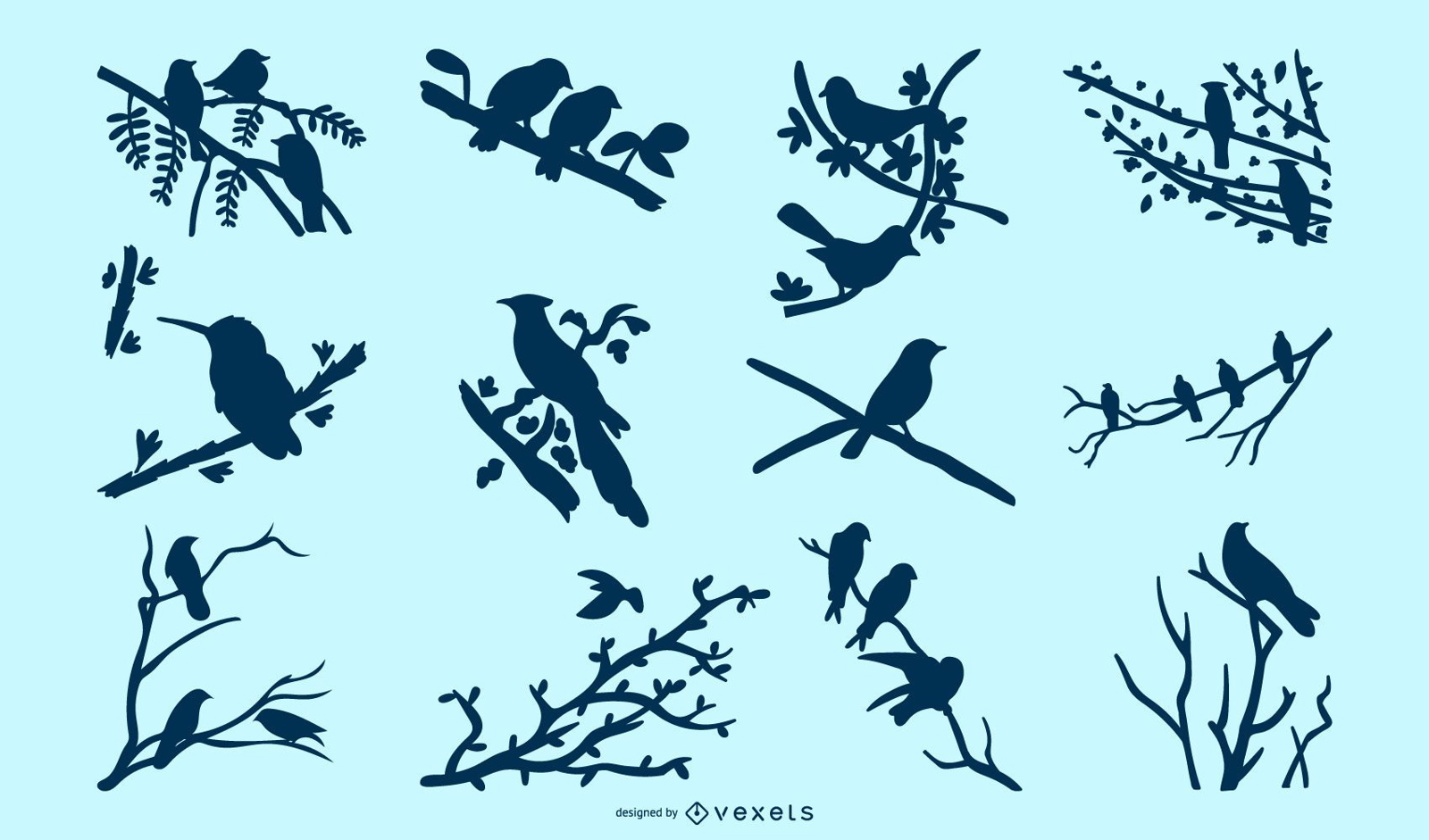 Paquete de silueta de pájaros en ramas de árboles