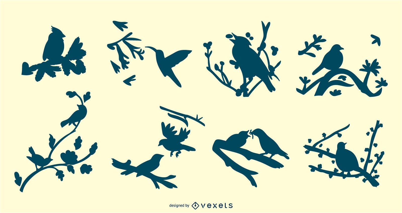 Vögel auf Baumzweigen Silhouette Set