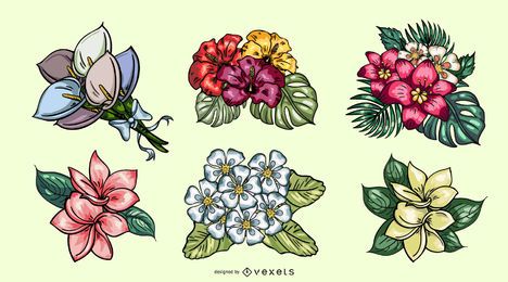 Handdrawn schöne tropische Blumensträuße Handdrawn schöne tropische Blumensträuße