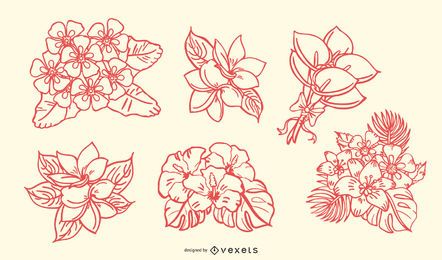 Conjunto desenhado à mão de bouquet floral tropical Conjunto desenhado à mão de bouquet floral tropical