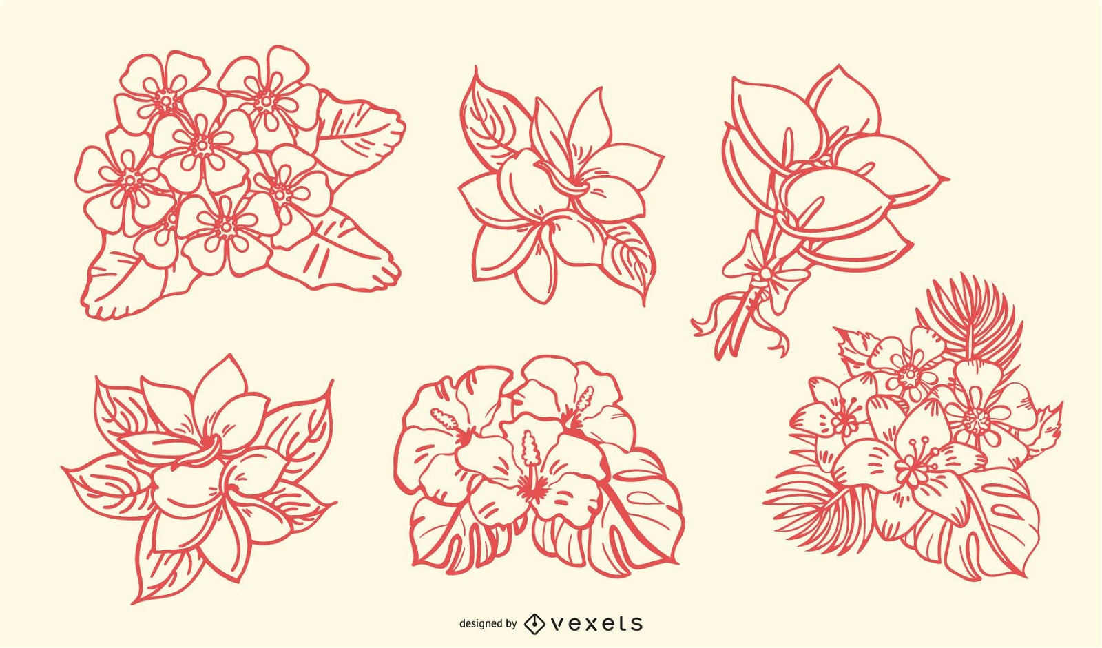 Conjunto desenhado à mão de bouquet floral tropical