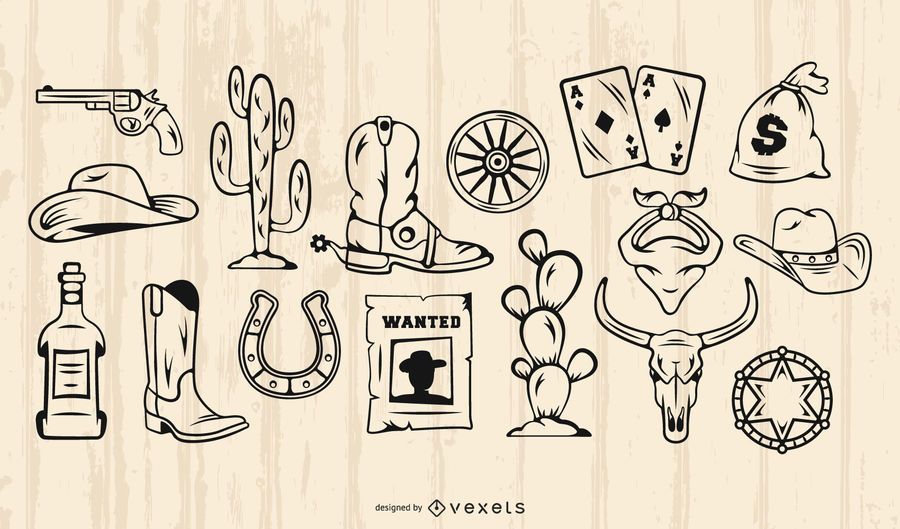 Vintage Cowboy Element Stroke Set Vintage Cowboy Element Stroke Set