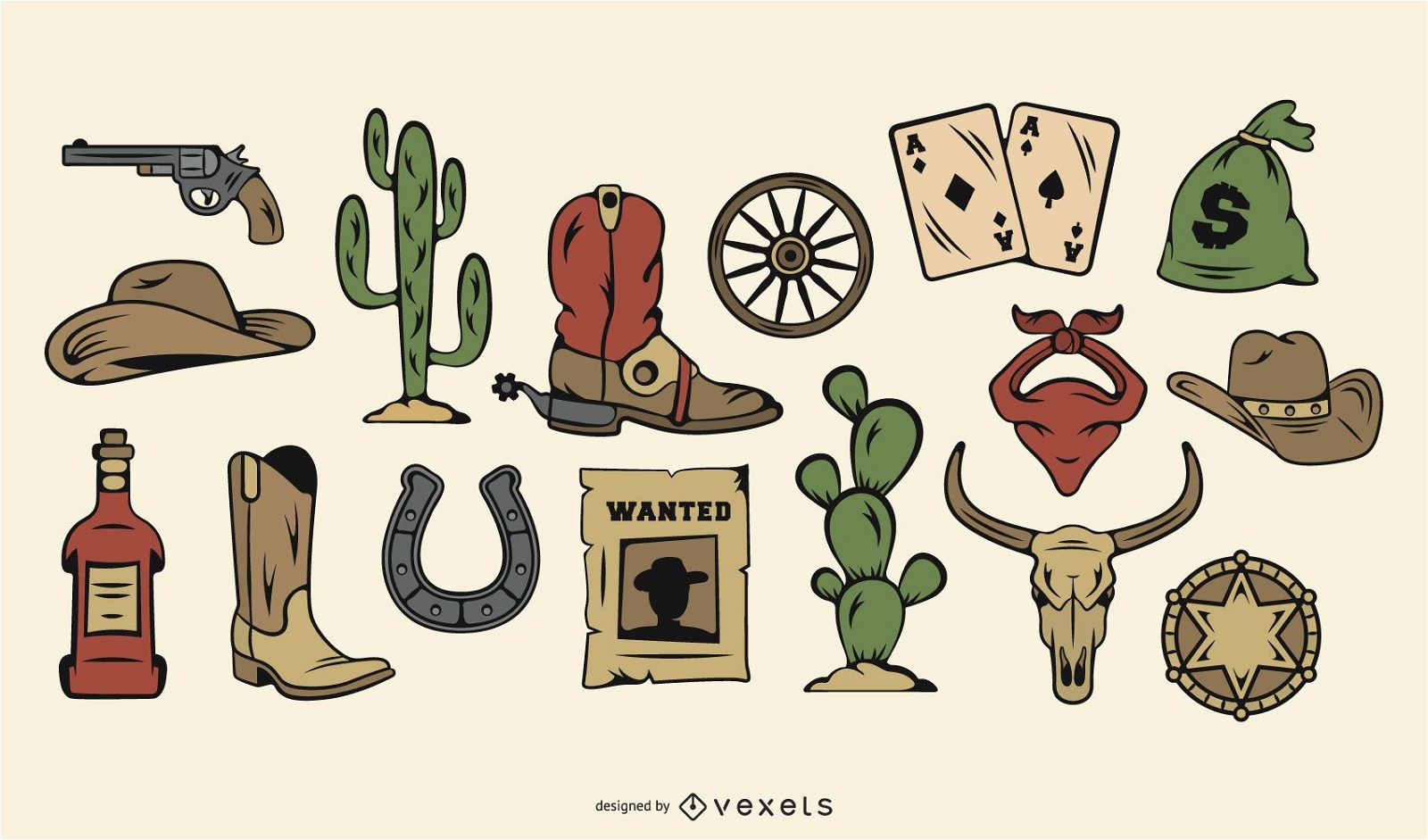 Conjunto de ícones de cor vintage cowboy