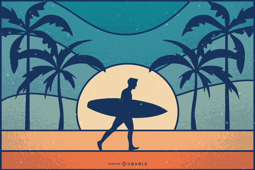 Ilustración de surfista retro puesta de sol Ilustración de surfista retro puesta de sol