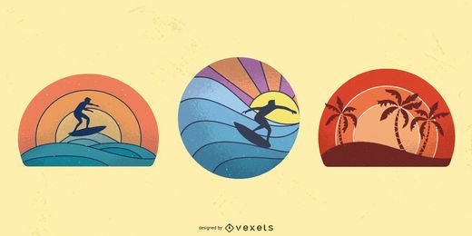 Conjunto de ilustración retro puesta de sol Conjunto de ilustración retro puesta de sol
